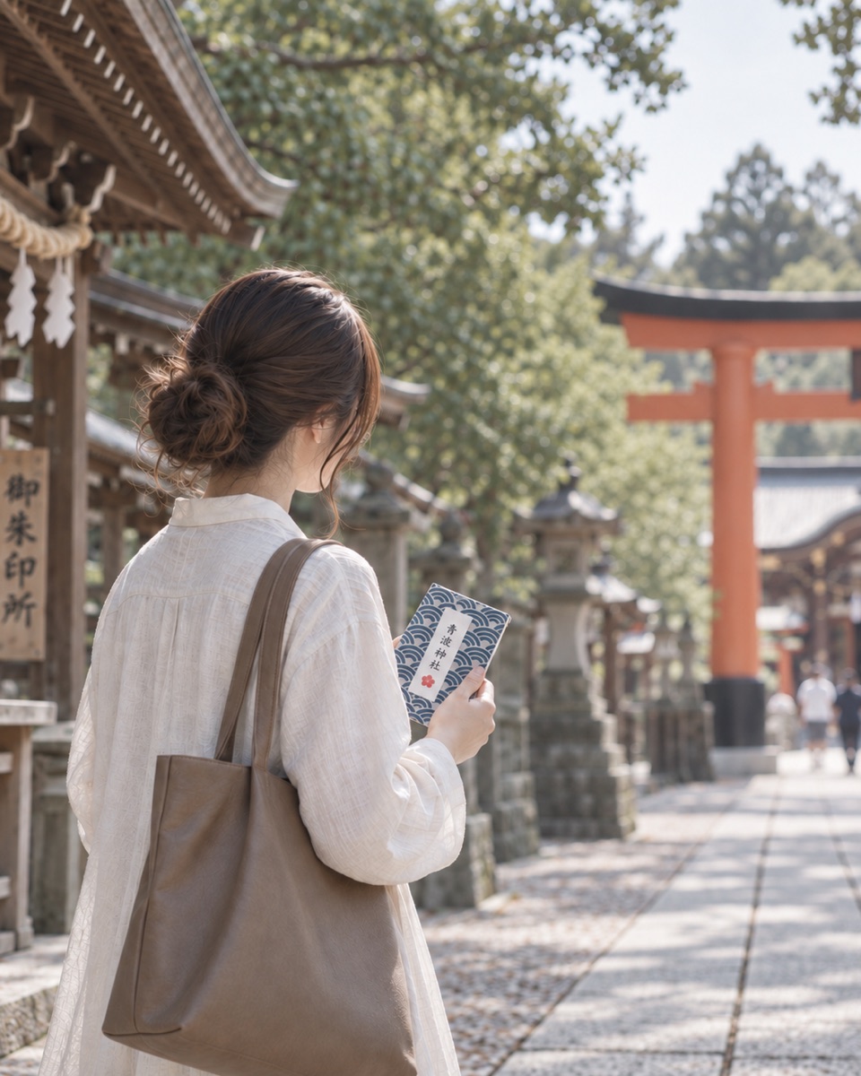 青海波の柄の御朱印帳を手に、神社の参道に立つ人の後ろ姿。奥に朱色の鳥居